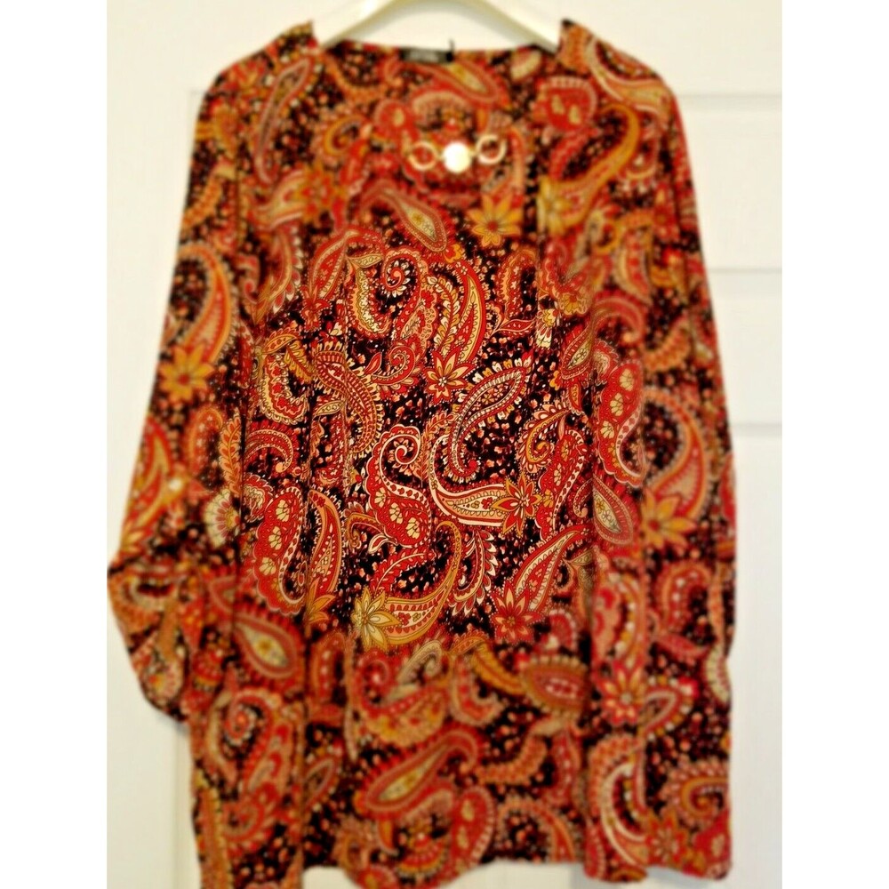 Cure Women's Blouse Top Multicolor Paisley Roll Tab Sleeve Metal Accent Size 3XL